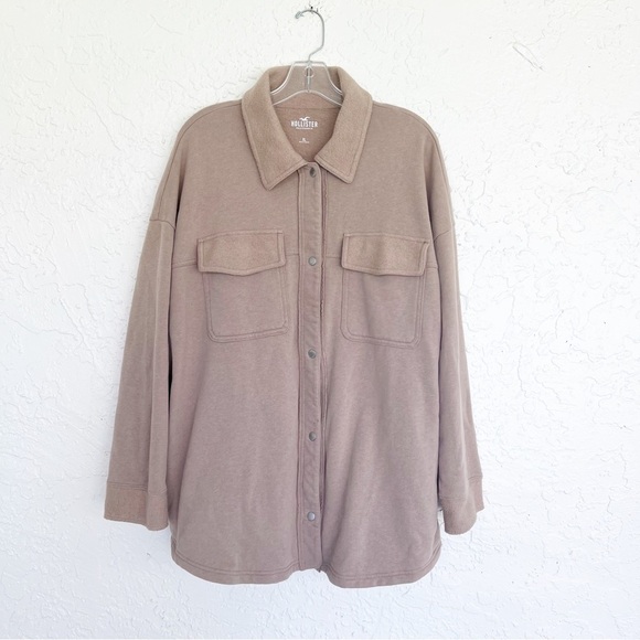 Mens Hollister Comfortable Tan Shacket Cotton Snap Front Cozy Sweater Size XL - Picture 1 of 6